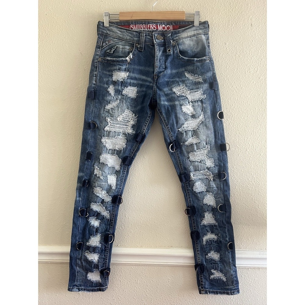 Smugglers Moon Mens 30x31 Distressed Ripped Moto Jeans Button Fly D-Ring Blue